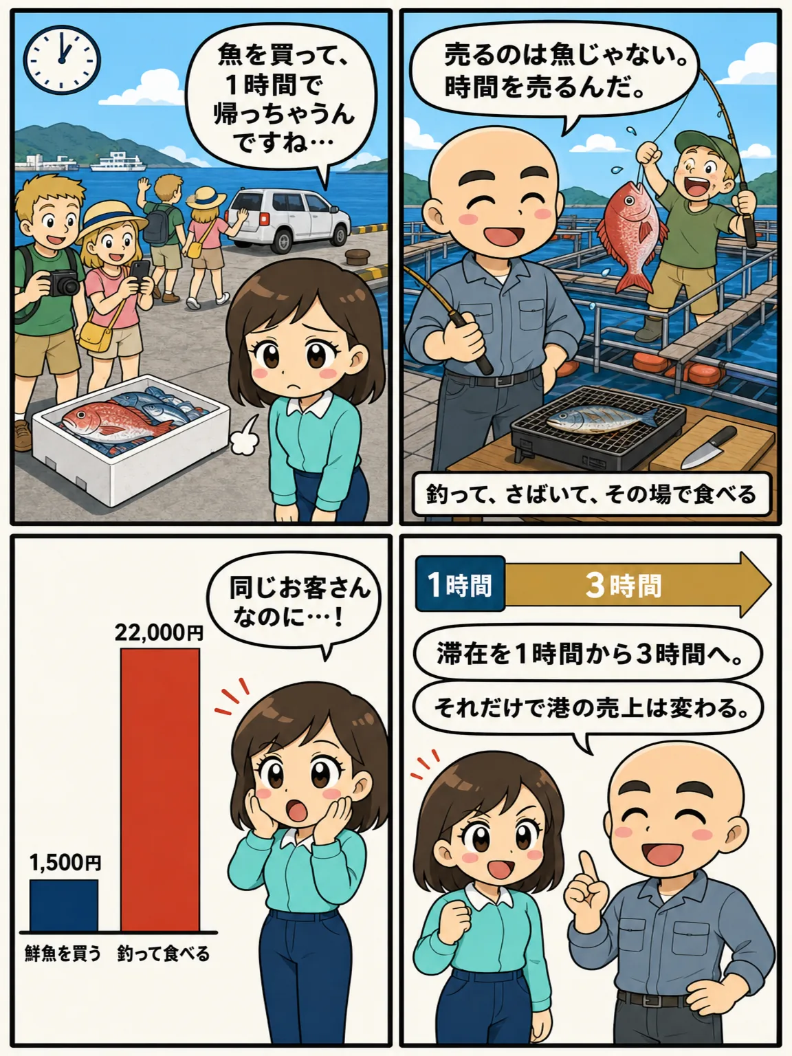 鮮魚を売るか、時間を売るか。同じ来訪者でも単価は桁が変わる。