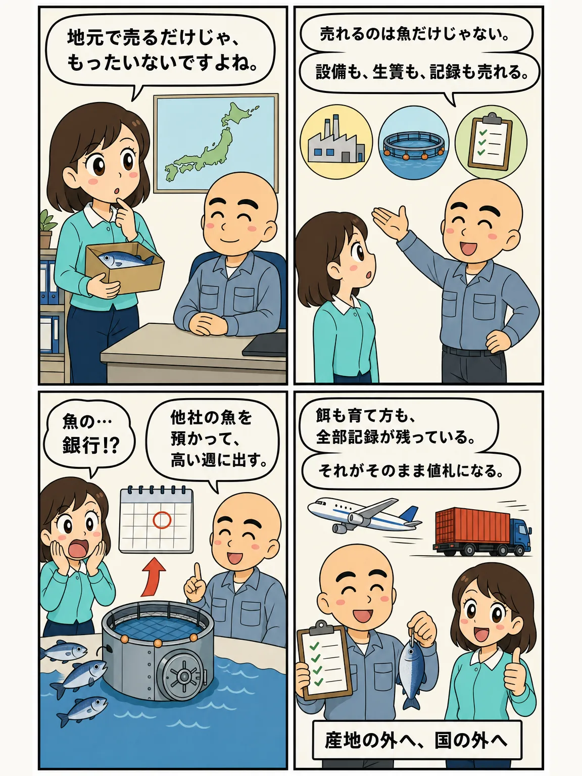 売るのは魚だけではない。設備、生簀、給餌記録、配合技術そのものを商品化する。